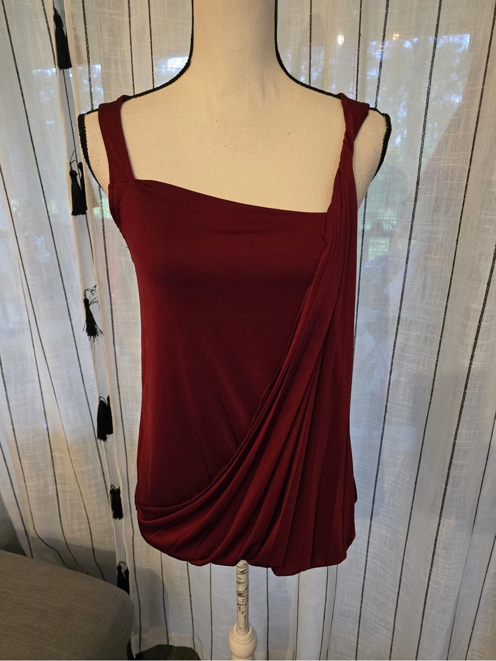 The Limited Asymmetrical Draped One-Shoulder Top - Wine